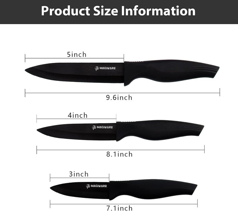 Magiware 6-Piece Paring Knife Set with Sheaths-Ceramic Blade Sharp Rust Proof Stain Resistant (include 5inch Utility Knife, 4inch Fruit Knife,3inch Paring Knifes)-Black (win0529) - Image 2